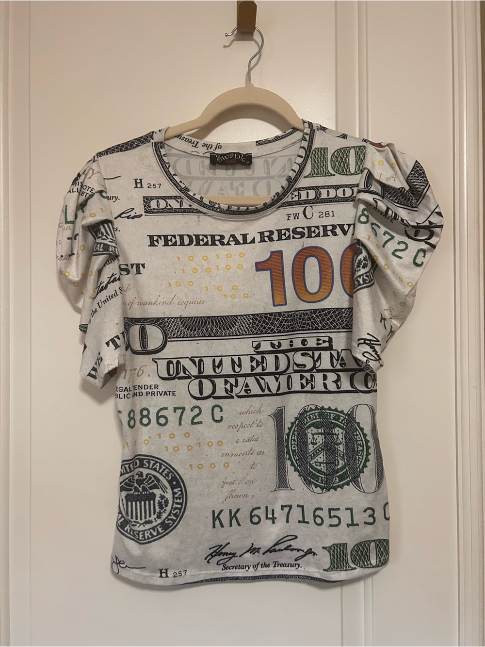 SWANK Benny Franklin Hundred Dollar Money Print Short Sleeve Top